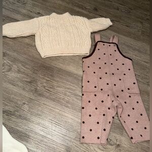 Zara Pale Pink Strap Overalls with Brown Knit Underlayer and sweater